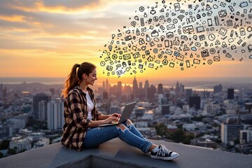 Poster - Woman using laptop on rooftop with creative digital icons flowing from screen.
