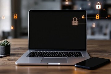 Poster - Cybersecurity concept with locked laptop screen and digital padlock icons.