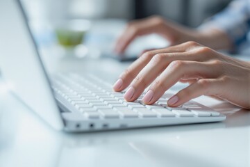 Poster - Close-up of woman's hands typing on a white keyboard.