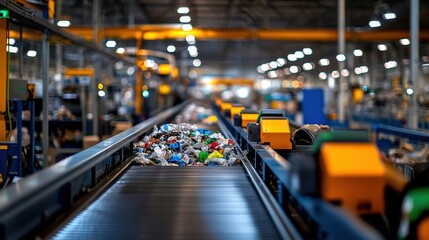 Poster - conveyor belt with mixed recyclables in a modern waste management facility focused on environmental 