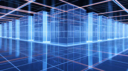 Poster - Room filled with intricate blue and orange lines creating a modern and futuristic design representing warm dark matter concepts.