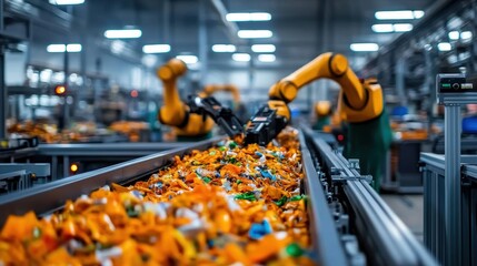 Poster - robotic arms sorting colorful plastic waste in modern recycling facility with bright industrial ligh