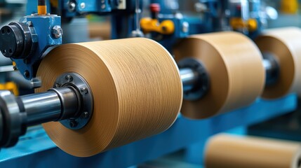 Poster - Close-Up View of Industrial Paper Production Machine with Spools of Natural Brown Paper in a Manufacturing Plant Setting