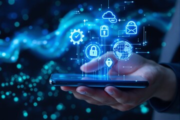 Poster - Cybersecurity technology with digital icons above smartphone.
