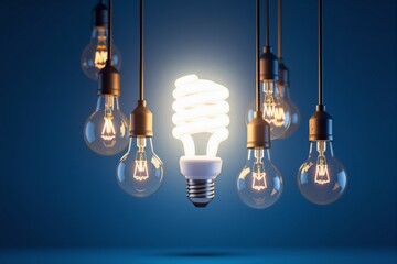 Poster - Glowing energy-saving bulb among traditional light bulbs.