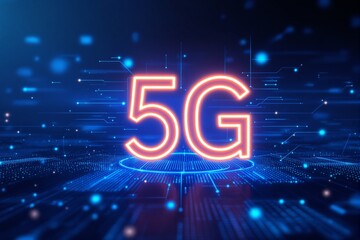 Aufkleber - Futuristic 5G technology concept with glowing neon text on a digital network background.