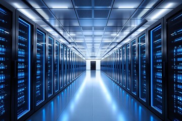 Aufkleber - Futuristic data center corridor with glowing server racks.