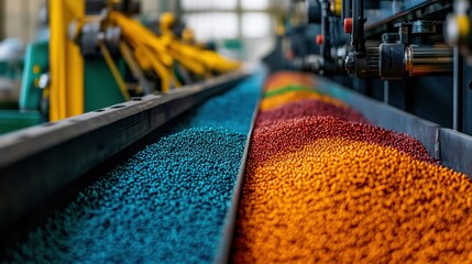 Poster - colorful granules on conveyor belt in manufacturing facility for industrial production with bright l