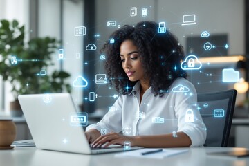 Poster - Woman working on laptop with futuristic digital icons floating around her.