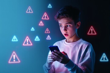 Aufkleber - Shocked boy holding smartphone with floating digital warning signs.