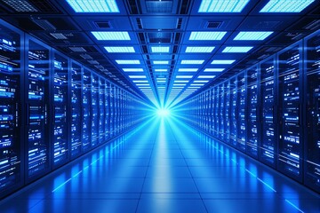 Poster - Futuristic data center corridor with glowing blue server racks.