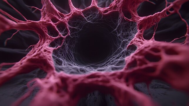 A close-up reveals a dark, cavernous void enveloped by a vibrant, fleshy, pink organic structure resembling a network of veins and capillaries, interwoven with a delicate, translucent, spiderweb-like