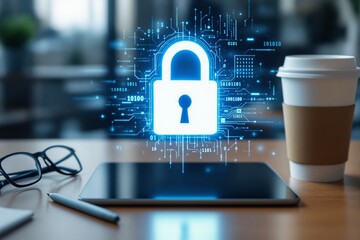 Poster - Cybersecurity digital padlock with technology circuit on tablet.