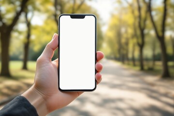 Aufkleber - Closeup of hand holding smartphone with blank white screen outdoors.
