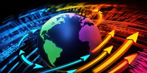 Poster - global connectivity and digital transformation represented by colorful arrows and globe
