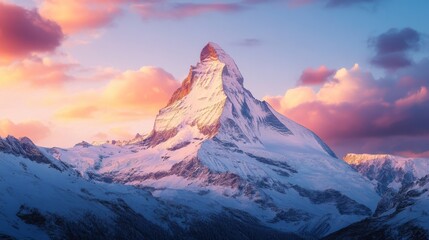 Wall Mural - Sunset view of snow-covered mountain peak with pink clouds. Alpine scenery concept