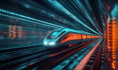 Poster - Futuristic high-speed train traveling through neon-lit tunnel with digital effects