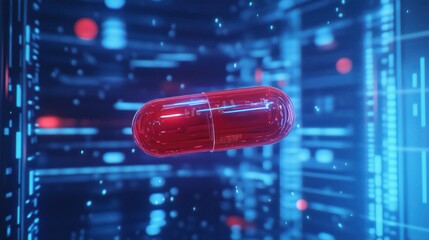 Poster - Red capsule floating in digital space with futuristic technology background