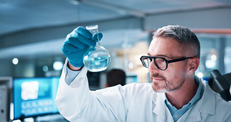 Aufkleber - Chemical, observation and scientist with beaker in laboratory for pharmaceutical experiment, research or innovation. Liquid, mature man and medical chemist with formula, reaction analysis or cure.