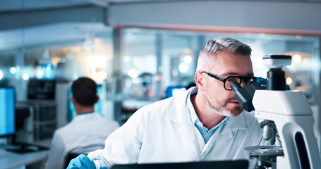 Aufkleber - Research, man and scientist with microscope in laboratory for medical study with DNA analysis. Experiment, investigation and male biologist with biotechnology for clinical trial for innovation.