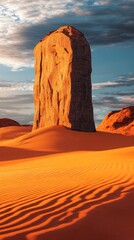 Wall Mural - Towering sandstone formation in desert landscape under dramatic sky. Nature beauty concept