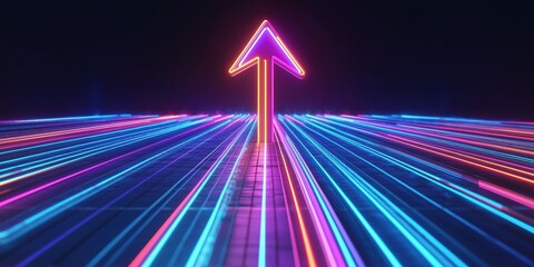 Poster - Neon arrow symbolizing progress with vibrant light trails in futuristic setting