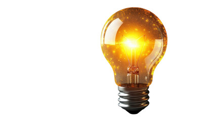 bright light bulb shining with golden sparkles on transparent background