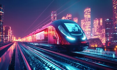 Poster - Futuristic high-speed train illuminated by neon lights in vibrant cityscape at night