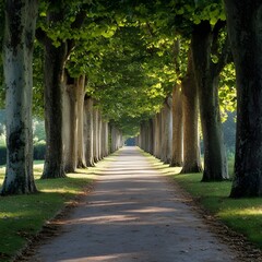  A straight, long road with sycamore trees growing densely on both sides