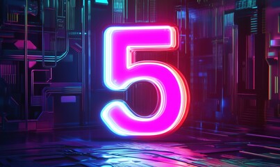 Poster - Neon glowing number 5 in futuristic digital environment with vibrant colors and patterns