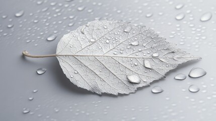 Poster - Single Leaf with Water Droplets on Smooth Grey Background for Nature Photography