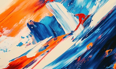 Poster - Abstract expressionist painting with vibrant orange, blue, and white brush strokes