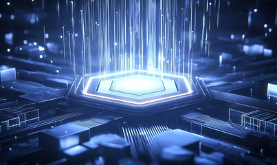 Poster - Futuristic hexagonal technology hub with glowing data streams and digital landscape