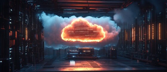 Poster - Glowing Digital Cloud with AI Elements in a Futuristic Data Center