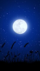 Wall Mural - full moon and starry night with grass ,glowing and shiny stars and big moon animation,space and galaxy,dark night sky motion background