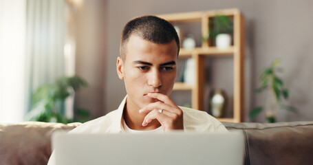 Aufkleber - Thinking, student and man on sofa with laptop for online research, studying and elearning for college. Remote work, school and person on computer for project, assignment and education for university