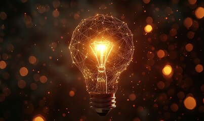 Poster - glowing light bulb with abstract geometric design and warm bokeh background