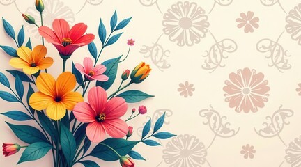 Wall Mural - vibrant floral arrangement against a delicate floral patterned background, featuring a bouquet of co