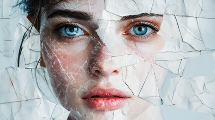 Poster - Generative AI-created image of a womanâs face artistically divided into squares with a translucent paper overlay, adding depth and emotion. illustration