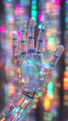 Poster - Crystal robotic hand reflecting colorful lights in futuristic style, technology concept