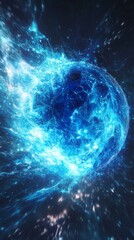 Poster - Glowing blue energy sphere in dark space with abstract light patterns, cosmic concept