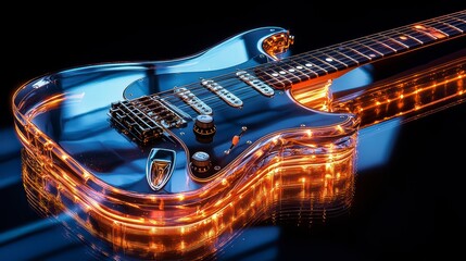 Poster - Electric Guitar Glow: An artistic rendering of an electric guitar, with shimmering neon lights creating a captivating ambiance. It's a vibrant display of musical artistry.