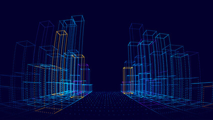 Fototapete - Invest in Future Smart Digital City Concept. Urban Architecture High Towers Concept of the Future City. Virtual Reality Abstract Digital Skyscraper Buildings. Modern Technology Vector Illustration.