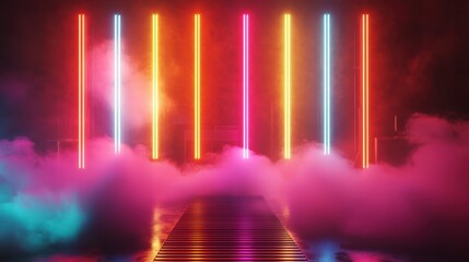 Poster - neon dreams: a vibrant scene of colored neon lights illuminates a foggy atmosphere, creating an elec