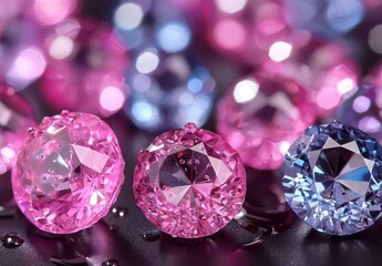 Poster - Vibrant pink and blue gemstones sparkle under soft light, creating a captivating display of color and brilliance. Copy space, commercial use