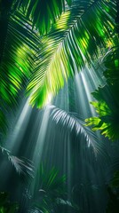 Poster - Sunlight filtering through rainforest canopy creating lush green atmosphere