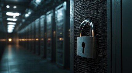 Poster - metal padlock in a data center, safeguarding sensitive information.
