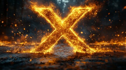 Poster - Fiery glowing letter x in a dark forest with sparks. Energy and power concept