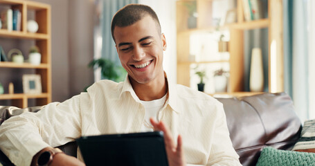 Poster - Home, sofa and man with laughing for tablet, online news and reading information for blog in living room. House, male person and scroll with digital for social media, application and ebook on couch