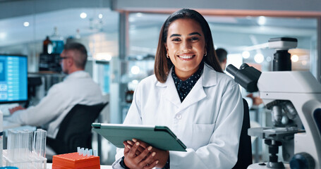 Aufkleber - Science, tablet and portrait with woman in laboratory for DNA discovery, healthcare or research. Gene study, medical and clinical trial with scientist in clinic for microscope, results and biotech